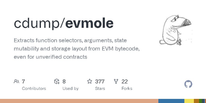 GitHub - cdump/evmole: Extracts function selectors, arguments, state mutability and storage layout from EVM bytecode, even for…