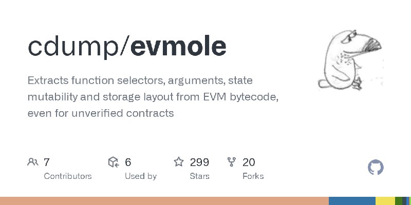 GitHub - cdump/evmole: Extracts function selectors, arguments, state mutability and storage layout from EVM bytecode, even for…